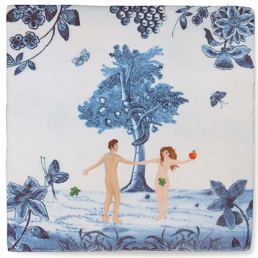 Huwelijkscadeau tegeltje met Adam en Eva, natuurdecoratie eromheen