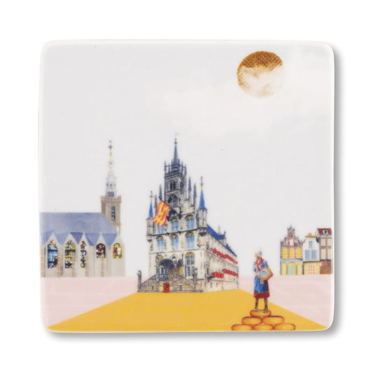 Mini tegeltje Gouda marktplein met stadhuis onder zon