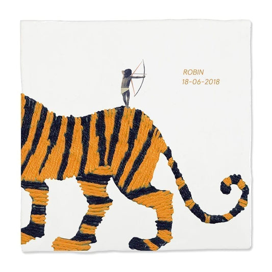 Tegeltje met kind op tijger in modern ontwerp