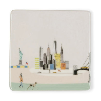 Mini tegeltje New York met skyline en Vrijheidsbeeld achtergrond