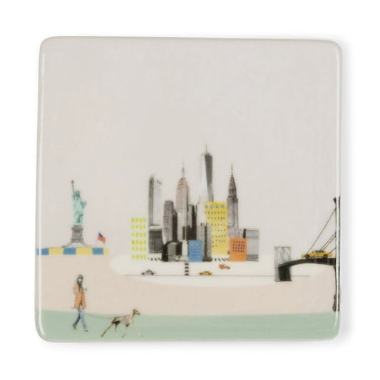 Mini tegeltje New York met skyline en Vrijheidsbeeld achtergrond