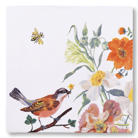Tegeltje vogel en bloemen kleurrijk natuurscène met bij