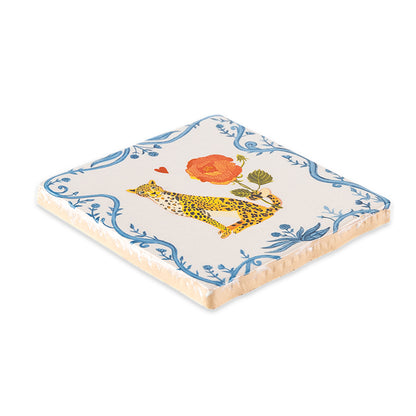 Delftsblauw tegeltje met moderne print van tijger met bloem