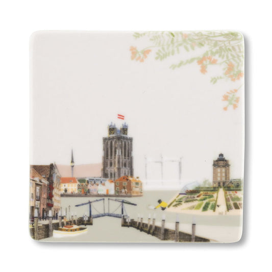 Mini tegeltje Dordrecht skyline met Grote Kerk en water