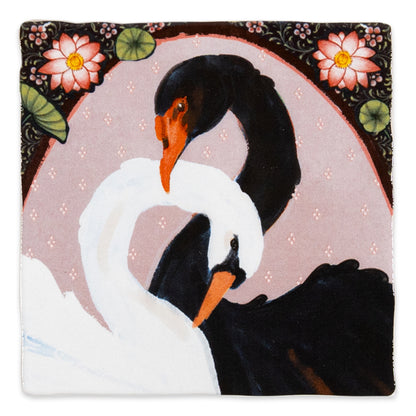 Tegeltje roze met witte en zwarte zwaan