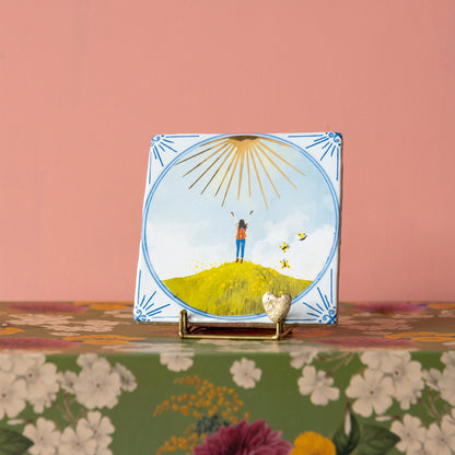  Face the sunshine tegeltje op gouden tegelhouder met hartje 