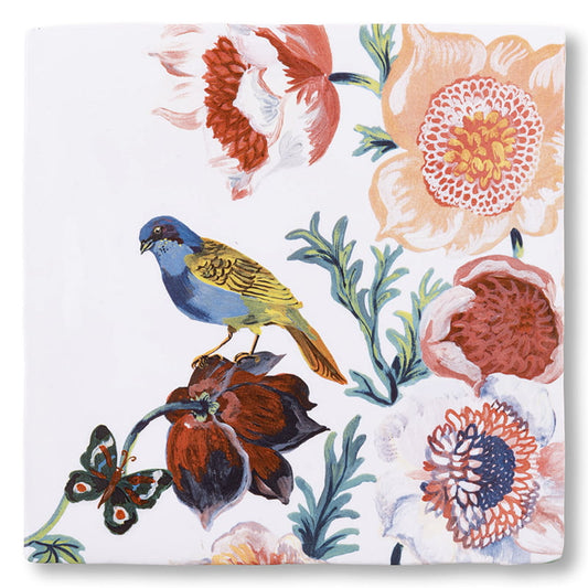 Tegeltje vogeltje op kleurrijk bloemenmotief met vlinder decoratie