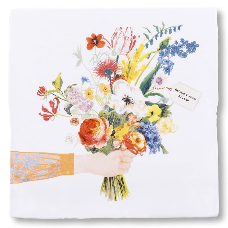 Gepersonaliseerd tegeltje met bloemenboeket en "Bedankt voor alles" kaartje