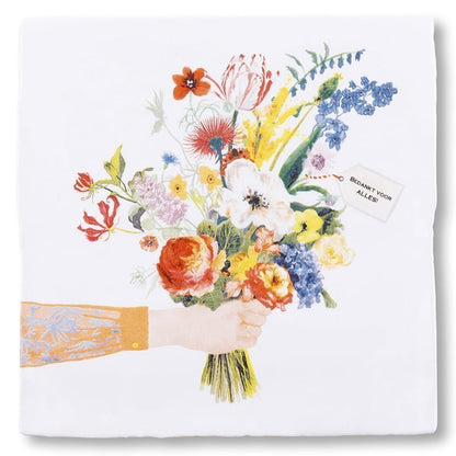 Gepersonaliseerd tegeltje met bloemenboeket en "Bedankt voor alles" kaartje