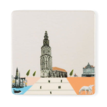 Mini tegeltje Martinitoren Groningen met grafische illustraties en kleuren