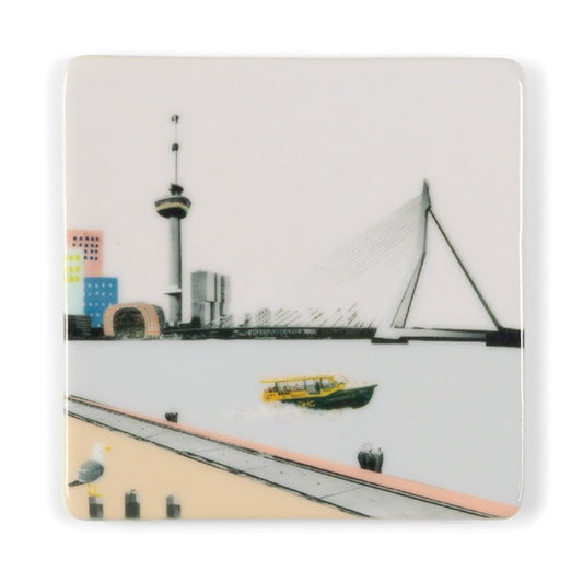 Mini tegeltje skyline Rotterdam met water, brug en toren