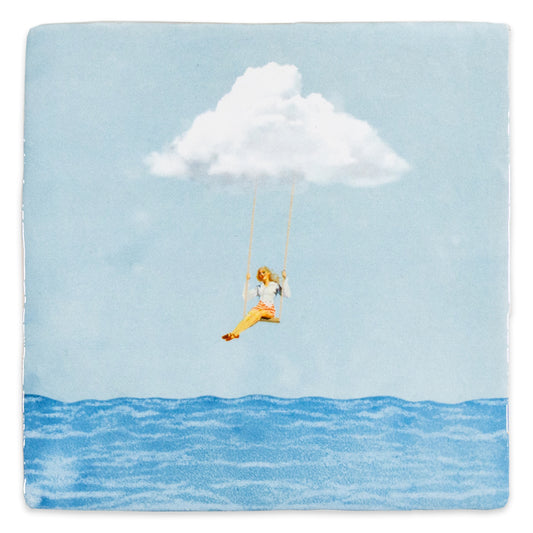 tegeltje headspace met vrouw op schommel aan een wolk