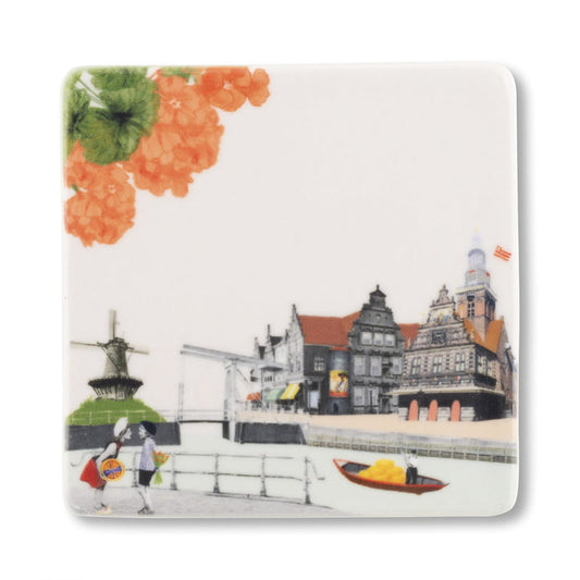 Mini tegeltje Alkmaar met molen en bloemen in hoek