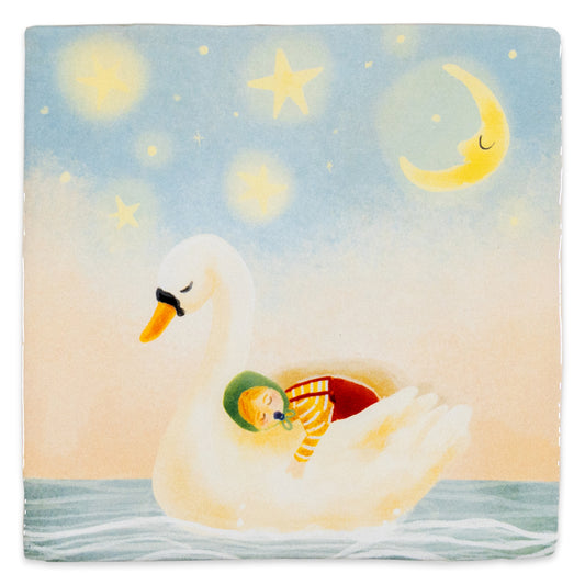 tegeltje wit kindje slapend op witte zwaan