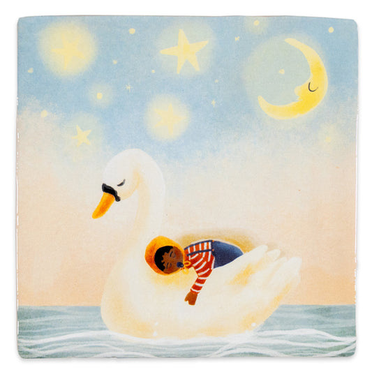 tegeltje zwart kindje slapend op witte zwaan