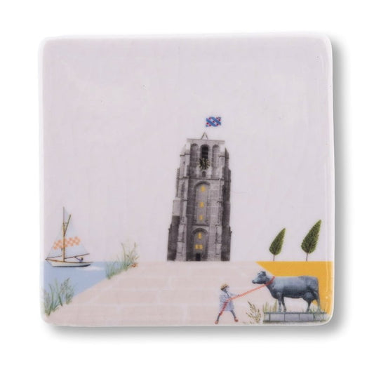 Mini tegeltje Utrecht toren met persoon en koe op straat