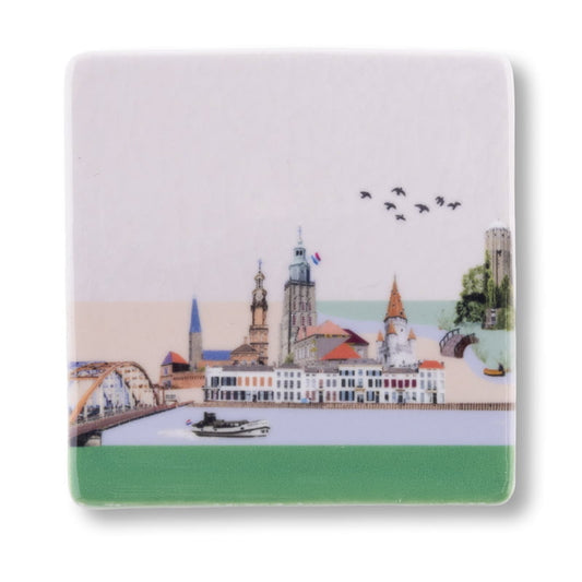 Mini tegeltje Zutphen Torenstad met gebouwen en vogels in lucht