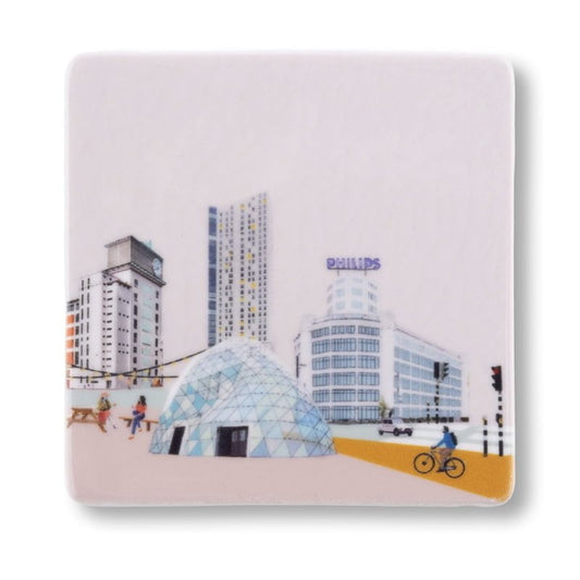 Mini tegeltje Eindhoven stadslandschap met moderne architectuur en fietsers