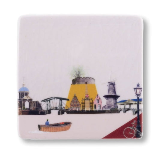 Mini tegeltje Leiden skyline met water en fiets op voorgrond