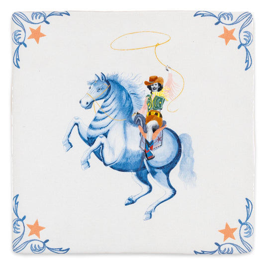 tegeltje paard met cowgirl met lasso
