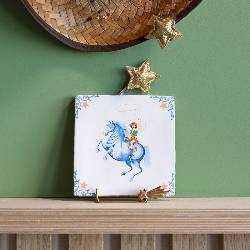 Tegeltje paard met cowgirl in houder met vallende ster