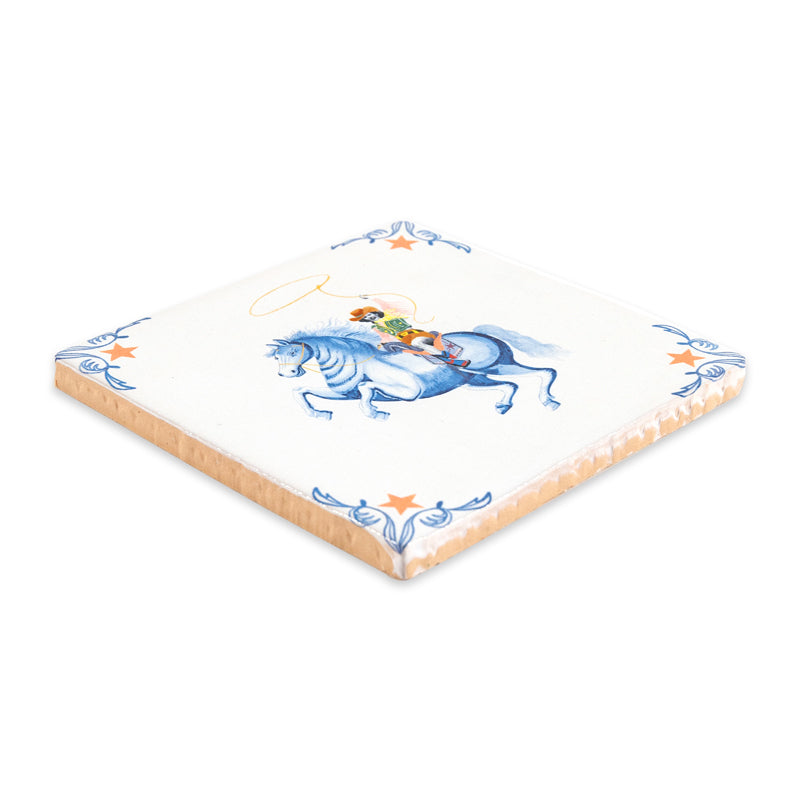 tegeltje paard met cowgirl met lasso schuin aanzicht