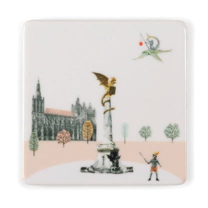 Mini tegeltje Den Bosch draak op zuil en kerk met bomen