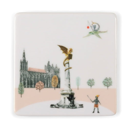 Mini tegeltje Den Bosch draak op zuil en kerk met bomen