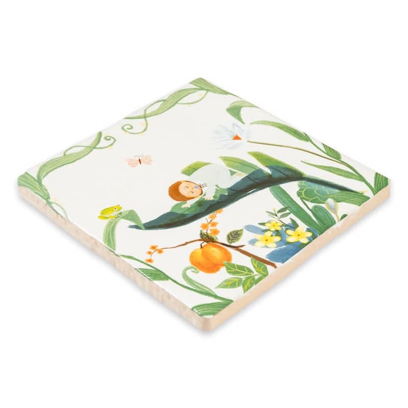 Tegeltje met bloemen, bladeren en een kikkertje in tuin