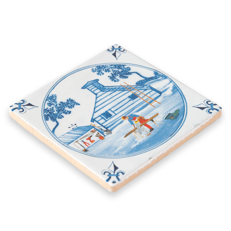 Delfts blauw tegeltje met klussende man