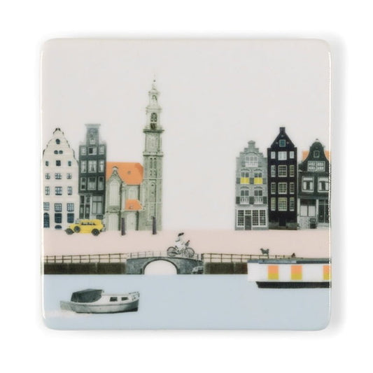 Mini tegeltje grachtenpandjes Amsterdam met fiets en bootje