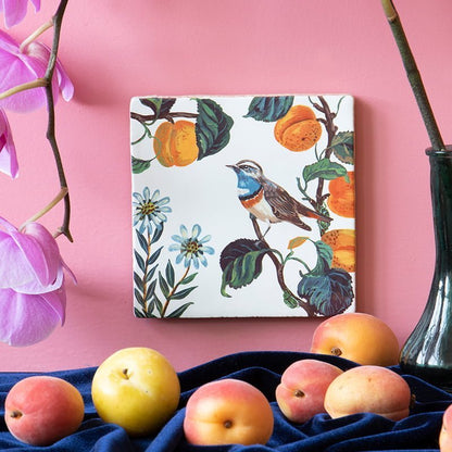 Tegeltje vogel perziken bloemen roze muurstelling