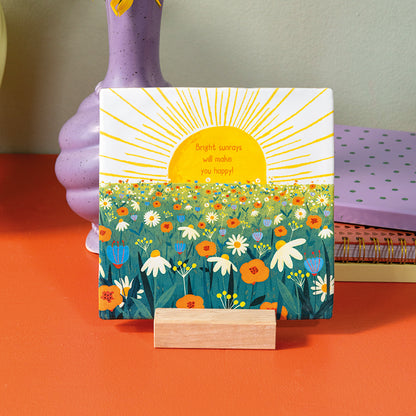 Tegeltje met tekst met zon en bloemen