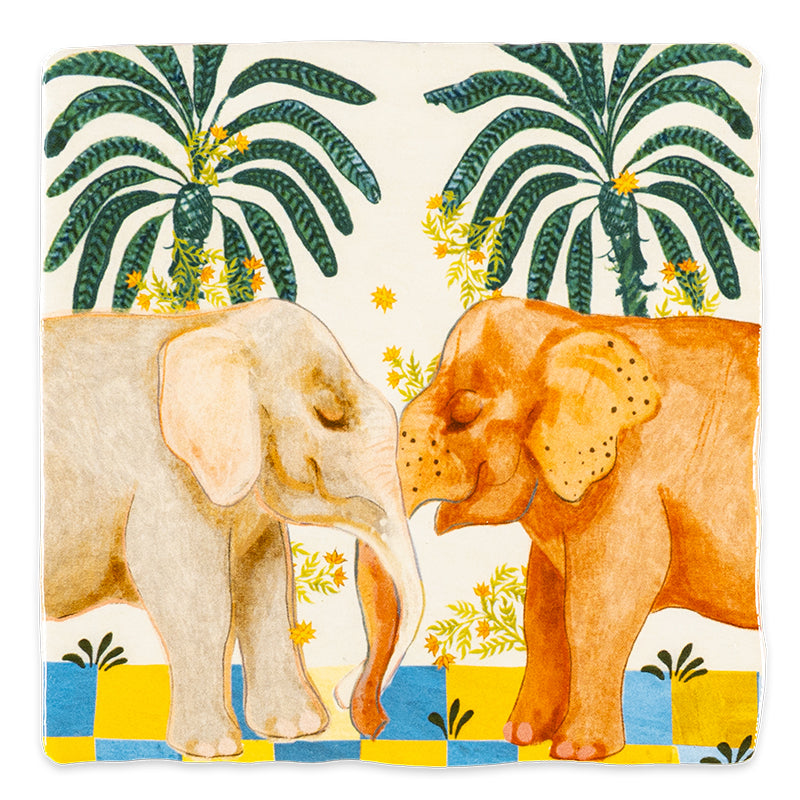 Tegeltje met twee kleurrijke olifanten en palmbomen