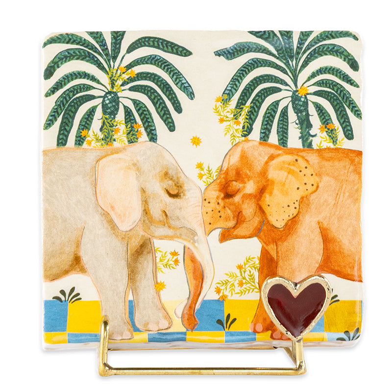 Tegeltje met twee olifanten en palmbomen