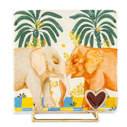 Tegeltje met twee olifanten en palmbomen