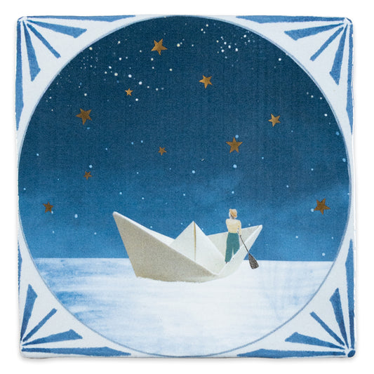 Tegeltje papieren bootje onder de sterren