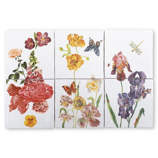 Tegeltableau bloemen en insecten kleurrijk gerangschikt op witte achtergrond