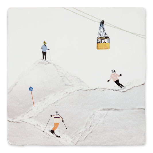 Tegeltje skiërs bergen kabelbaan sneeuw landschap actief ontwerp