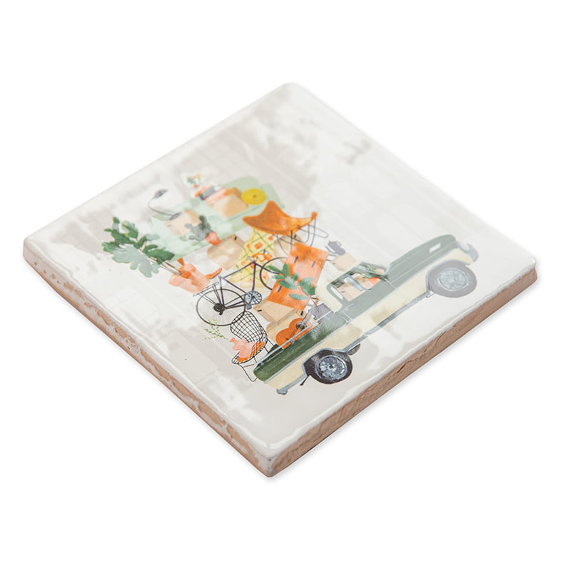 Nieuw huis cadeau tegeltje met auto vol verhuisdozen