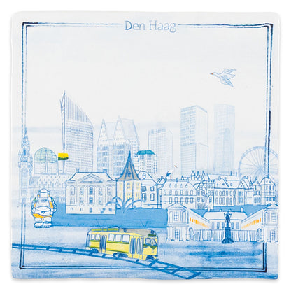 De stad Den haag op een delfts blauwe tegel