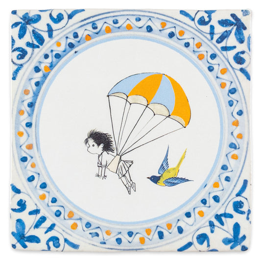 StoryTile Droomvlucht met Fiep Westendorp ontwerp van meisje aan een parachute met een vogel ernaast