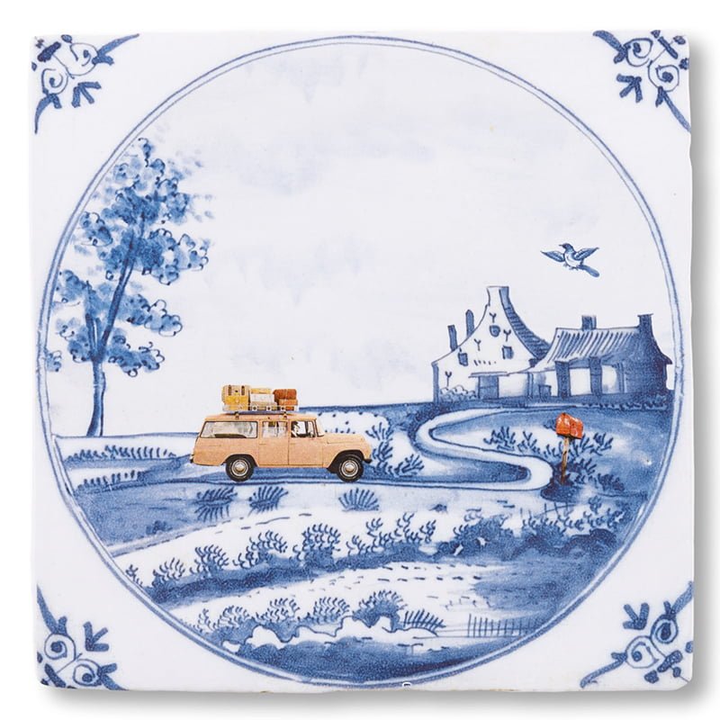 Nieuw huis cadeau tegeltje met auto en huisje, Delfts Blauw landschap
