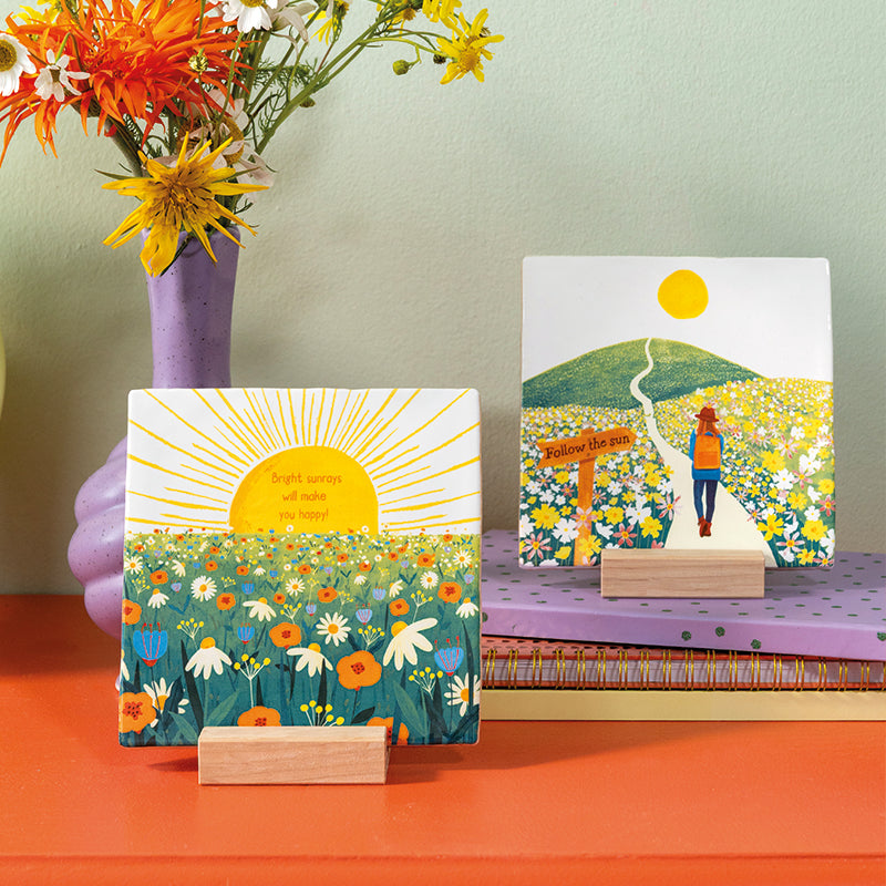 Tegeltje follow the sun en tegeltje the sun will shine on you in houten houders