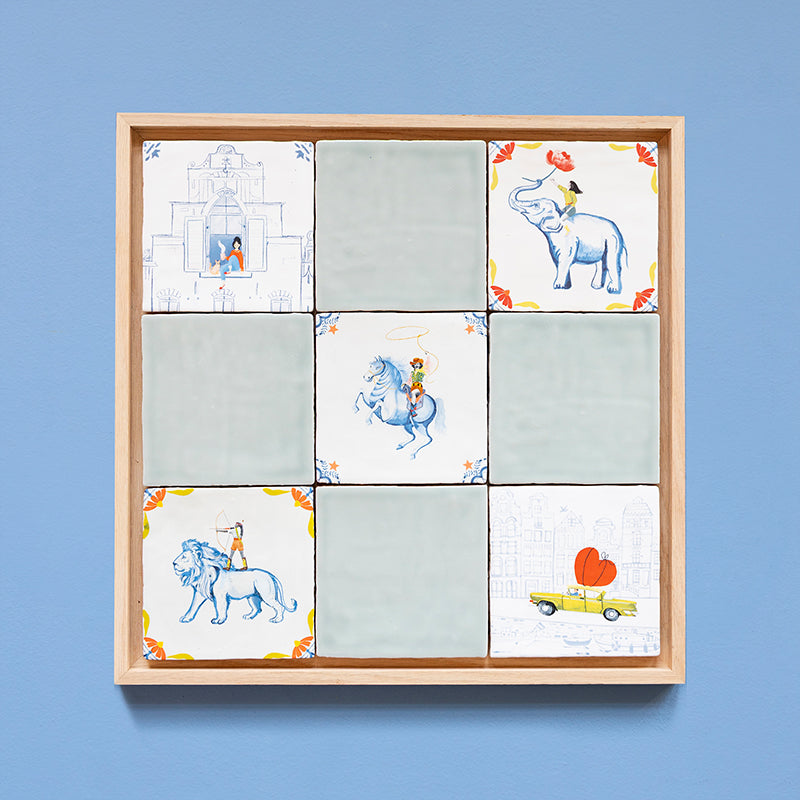 StoryTiles lijst voor 9 tegels. Delfts blauwe tegels gecombineerd met effen lichtblauwe tegels