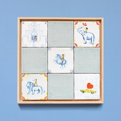 StoryTiles lijst voor 9 tegels. Delfts blauwe tegels gecombineerd met effen lichtblauwe tegels