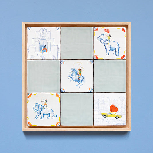 StoryTiles lijst voor 9 tegels. Delfts blauwe tegels gecombineerd met effen lichtblauwe tegels