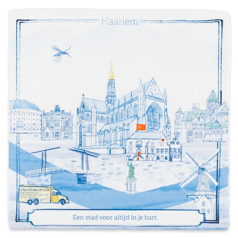 De Haarlem Delfts Blauwe stadstegel gepersonaliseerd met een zin naar keuze, handgebakken op hoogwaardig keramiek