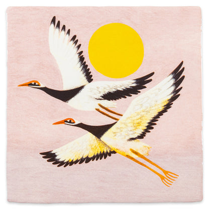 Grote zwart witte vogels vliegen langs de zon in een roze lucht