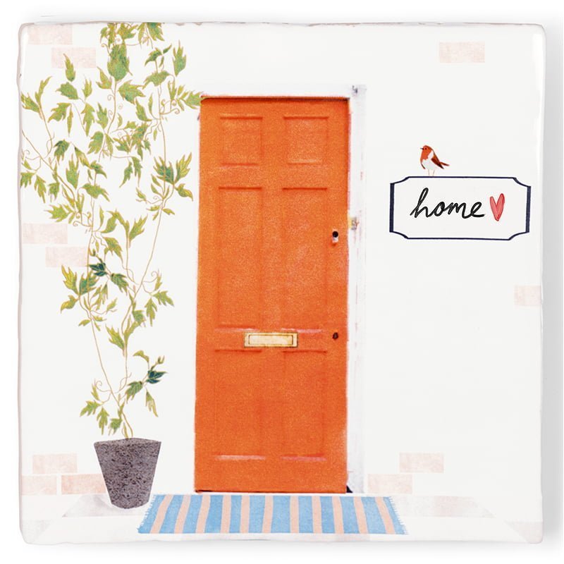 Nieuw huis cadeau tegeltje met oranje deur en plant